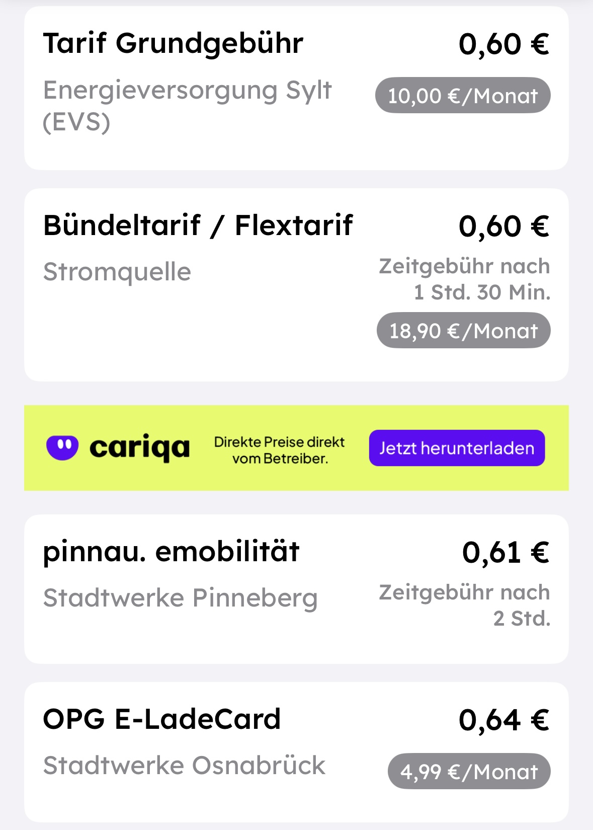 List of charging offers and subscriptions in the Chargeprice app