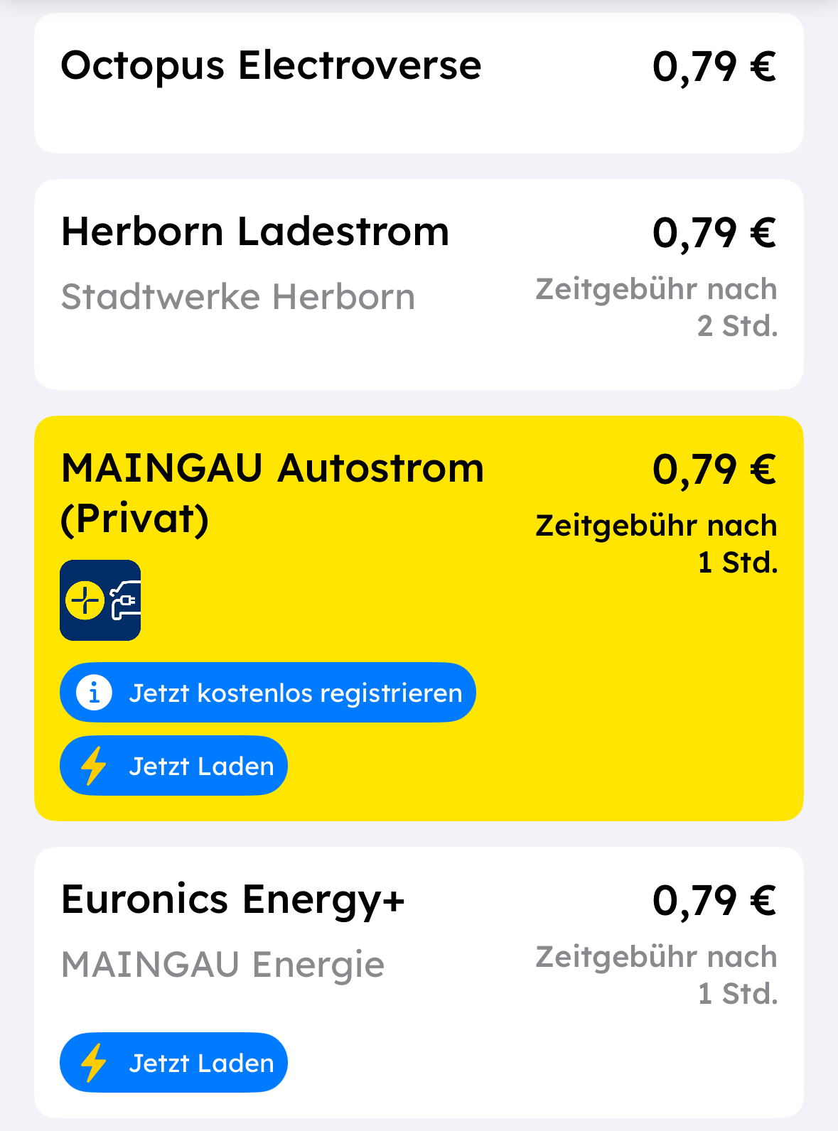 List of charging prices by operator in the Chargeprice app