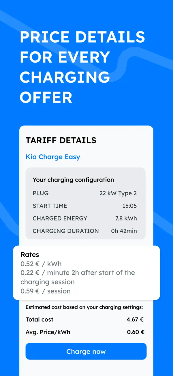 Screenshot of the Chargeprice app showing charging station price details