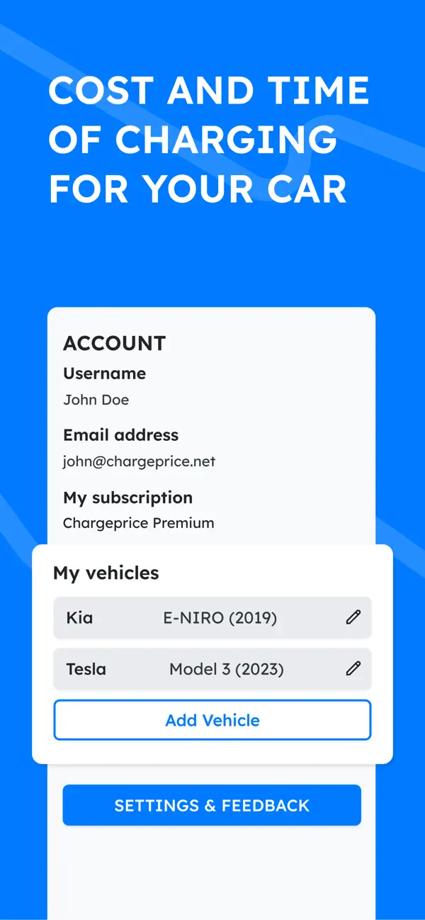 Screenshot of the Chargeprice app showing favorites and history