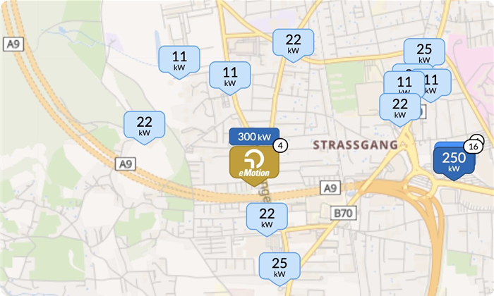 Map of available charging stations around a location