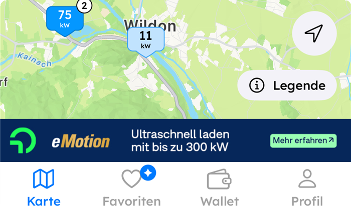 Map showing charging station locations with prices displayed
