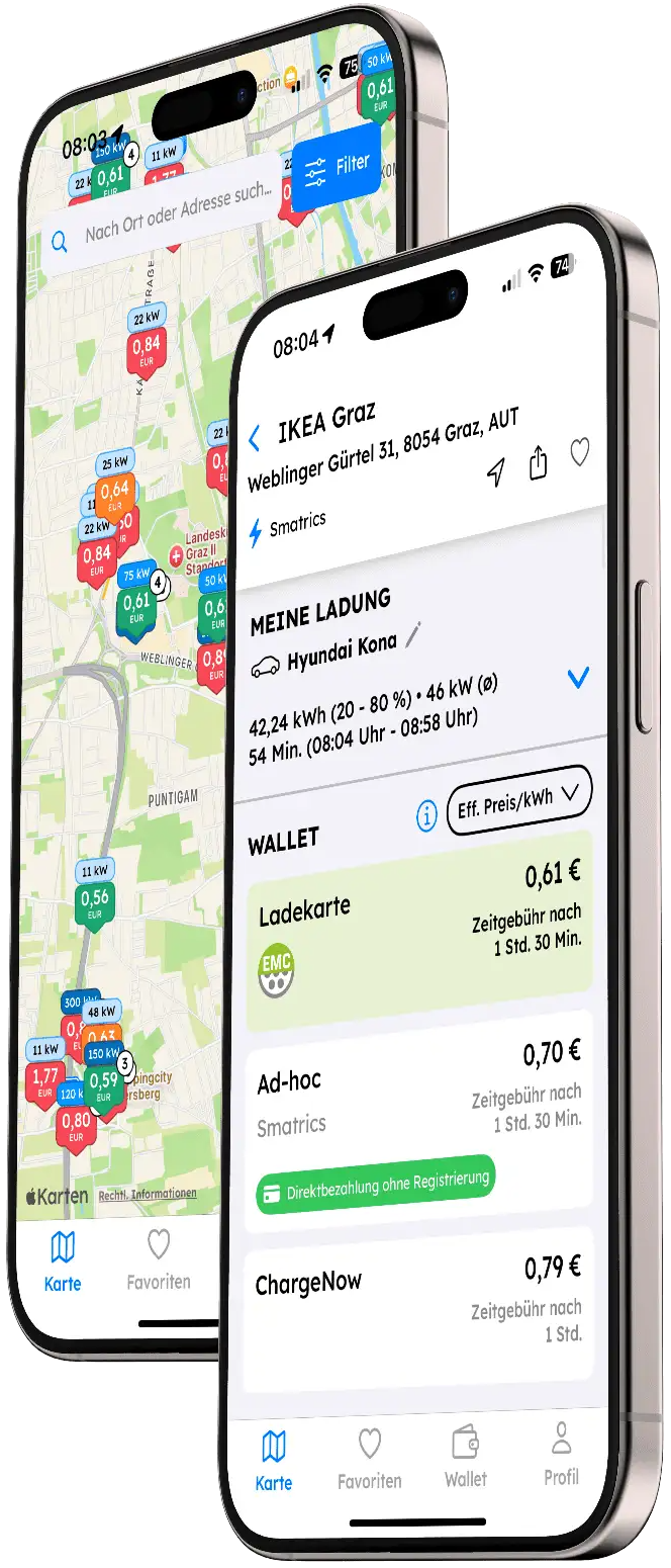 Chargeprice app shown on two smartphones